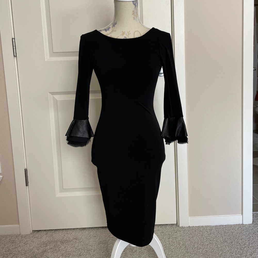 alice + olivia ruffle leather little black dress. sleeves tulle silk sheer mesh